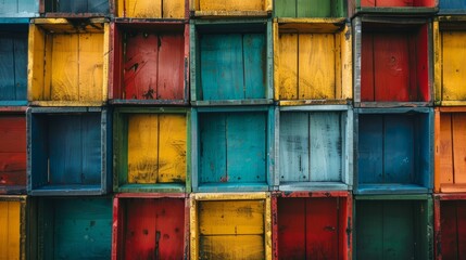 Colorful Wooden Crate Wall. background,texture,or design.