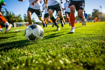 A group of diverse soccer players dribble and pass the ball on a sunny day, the ball resting on the green grass in the foreground