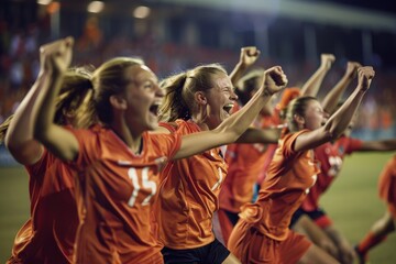 Female soccer players in orange jerseys celebrate a goal on the field, arms raised in the air with joyful expressions