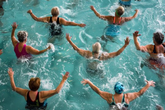 A group of active seniors participate in a lively water aerobics class, performing synchronized movements in an indoor swimming pool - Powered by Adobe