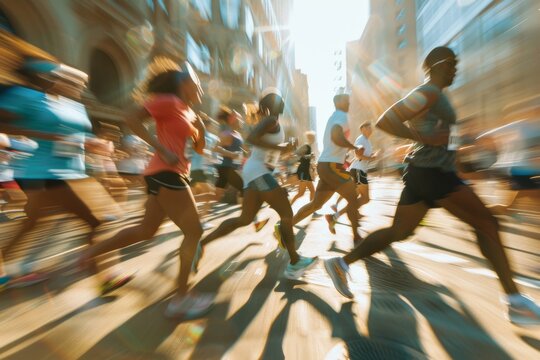 A group of runners of various ages and ethnicities race through the streets of a city during a charity marathon, their bodies blurred in motion as the sun shines down on them