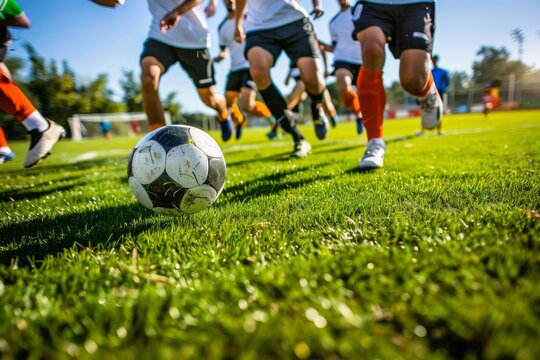 Fototapeta A group of diverse soccer players dribble and pass the ball on a sunny day, the ball resting on the green grass in the foreground
