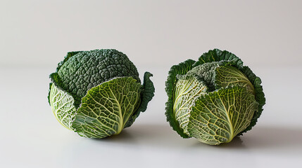 Two green cabbages sit alone on a white surface.