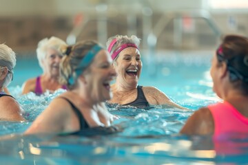 Obraz premium Senior women laugh and move energetically during a water Zumba class inside an indoor pool