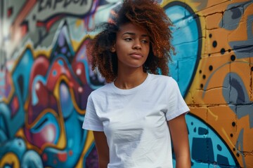 Fototapeta premium A young woman with curly hair wears a plain white t-shirt while standing against a vibrant graffiti-covered wall