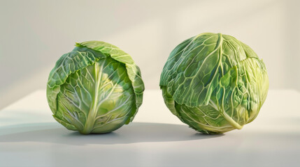 Fototapeta premium Two green cabbages sit alone on a white surface.