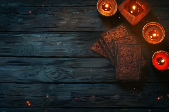 A spread of tarot cards on a dark wooden table surrounded by burning candles