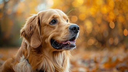 Golden Retriever Dog Portrait in Autumn Forest. Adorable pet with golden fur enjoying fall foliage. pet lovers and fall themed designs.