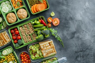 A variety of vegetarian meals and snacks are arranged in eco-friendly containers on a gray background