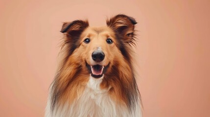 Fototapeta premium Portrait photography of a cute little Shetland Sheepdog happy smiling , studio shot isolated on single color background ,editorial style, shoot by DSLR .