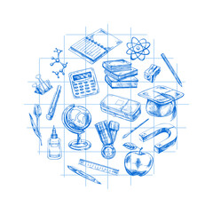 Back to School, hand drawn school supplies, sketch set in a circle. Doodle lettering and school object collection. Education Concept. Vintage sketch elements. Back to School.