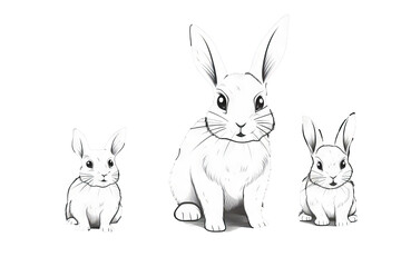 Fototapeta premium Adorable bunny rabbit outline sketch vector illustration in various poses, minimal bunny line art doodle, transparent background PNG