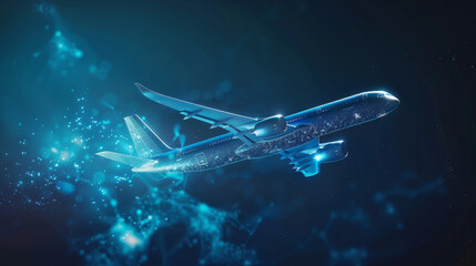 A blue airplane flies through the air in a 3D illustration. It represents the abstract concept of airlines and air travel.