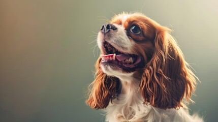 Portrait photography of a cute little Cavalier King Charles Spaniel happy smiling , studio shot isolated on single color background ,editorial style, shoot by DSLR .