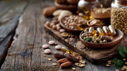Fototapeta premium Nutritious Vitamin B1 Tablets with Whole Grains and Nuts on Wooden Table