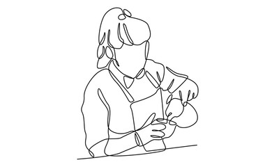 continuous line art of barista at work in a cafe