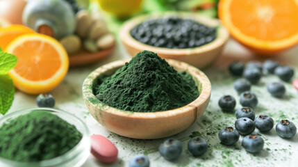 Detailed Shot of Quercetin Powder Surrounded by Vibrant Health Foods, Wellness Campaign