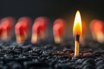 single matchstick is lit on fire in a pile of other matches. Concept of danger and the potential for destruction