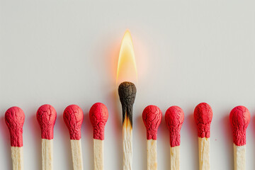 row of red and white matches with one of them having a single flame. Concept of a single spark or idea that can ignite a larger flame or movement
