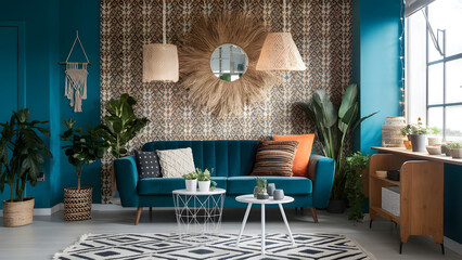 Boho-Chic Modern Living Room with Teal Velvet Sofa and Eclectic Decor