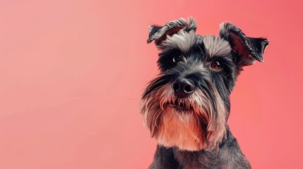 Portrait photography of a cute little Miniature Schnauzer happy smiling , studio shot isolated on single color background ,editorial style, shoot by DSLR .