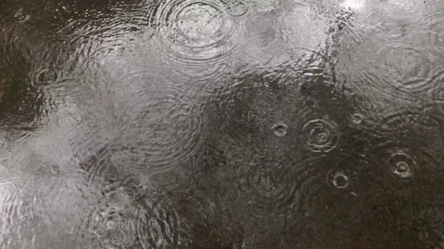 Raindrops falling on the asphalt, puddles of rainwater wetting the asphalt road, footage of raindrops during drizzling rain, beautiful footage for advertisements and short films