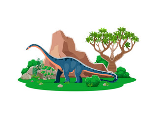 Shunosaurus prehistoric dinosaur cartoon character. Isolated vector ancient herbivore sauropod reptile animal in natural environment with rock, tree and plants. Mid Jurassic paleontology era lizard © Vector Tradition