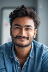 Obraz premium A man wearing a mustache and a blue shirt, suitable for use in portraits, advertising, or editorial content