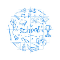 Back to School, hand drawn school supplies, sketch set in a circle. Doodle lettering and school object collection. Education Concept. Vintage sketch elements. Back to School.