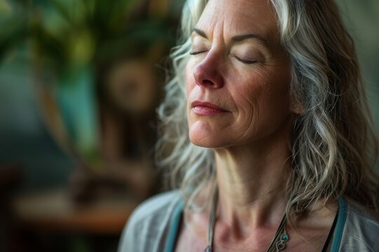 A close-up shot of a middle-aged woman practicing yoga with her eyes closed, focusing intently in a serene indoor setting