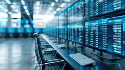 Naklejka premium Modern data center with multiple screens showing data analytics and information, highlighting advanced technology and monitoring systems.