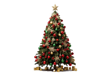 Fototapeta premium Beautiful decorated christmas tree with ornaments and lights, PNG style, transparent background for holiday designs and seasonal decorations