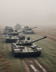 A-line-of-military-tanks-on-a-foggy-field
