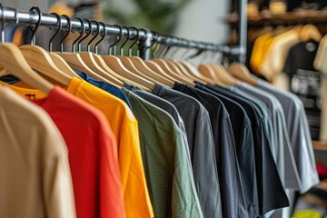 Fototapeta premium rack of clothes with a variety of colors hanging on it. The clothes are hanging in a row, and there are at least ten different colors