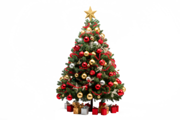Decorated christmas tree with ornaments and lights, PNG style, transparent background for festive holiday designs