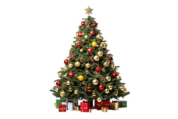 Decorated christmas tree with ornaments and lights, PNG style, transparent background for festive holiday designs