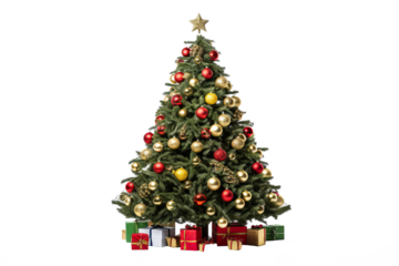 Decorated christmas tree with ornaments and lights, PNG style, transparent background for festive holiday designs