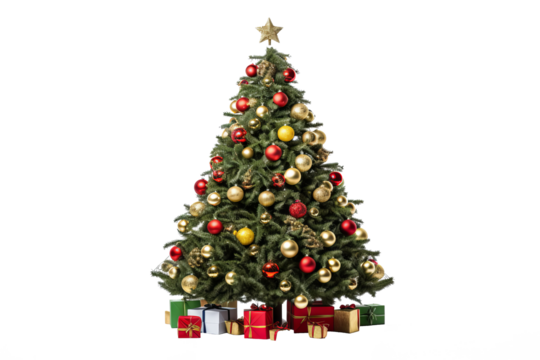 Decorated christmas tree with ornaments and lights, PNG style, transparent background for festive holiday designs