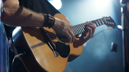 A musician strums an acoustic guitar, filling the air with music