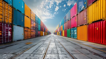 Fototapeta premium Colorful shipping containers line a concrete path leading to a horizon of blue sky and white clouds. Global trade and transportation.