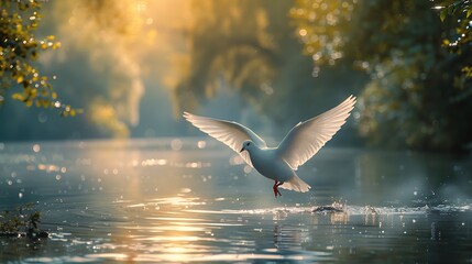 A tranquil river with a white dove flying above, symbolizing the Holy Spirit's purity and peace