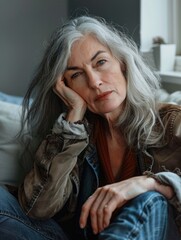 Obraz premium Senior woman relaxing on a couch, possibly reading or thinking