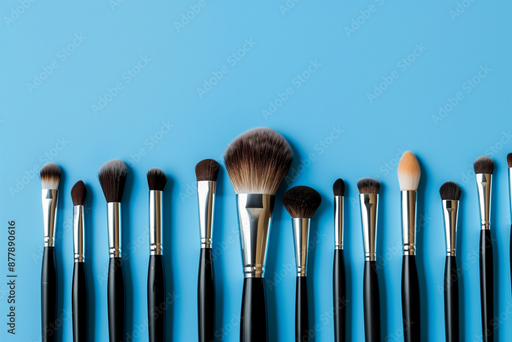 Poster row of makeup brushes are displayed on a blue background. the brushes are of different sizes and col