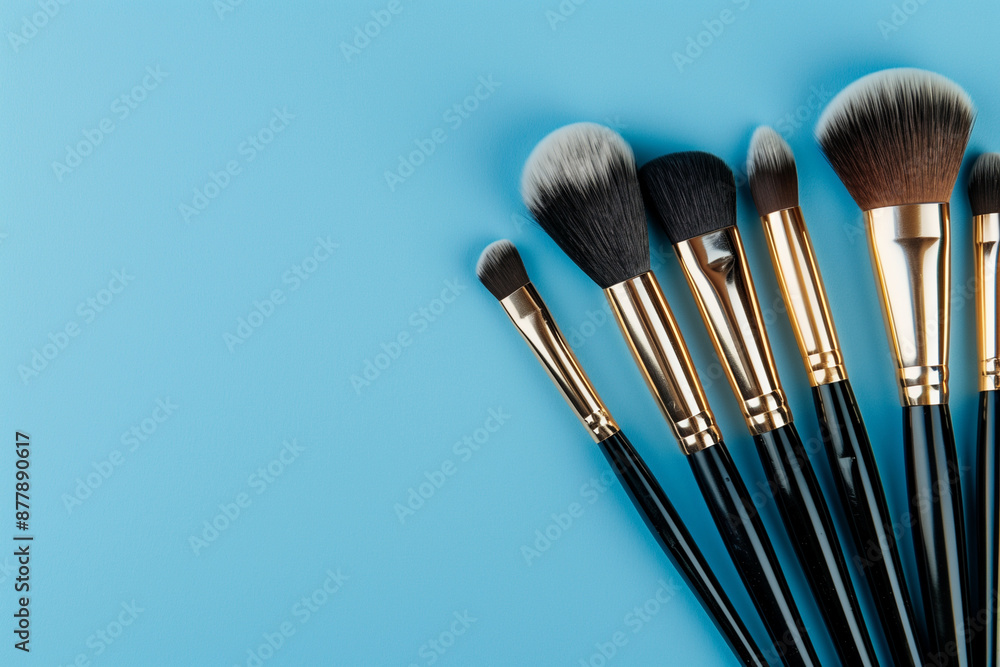 Poster row of makeup brushes are displayed on a blue background. the brushes are of different sizes and col