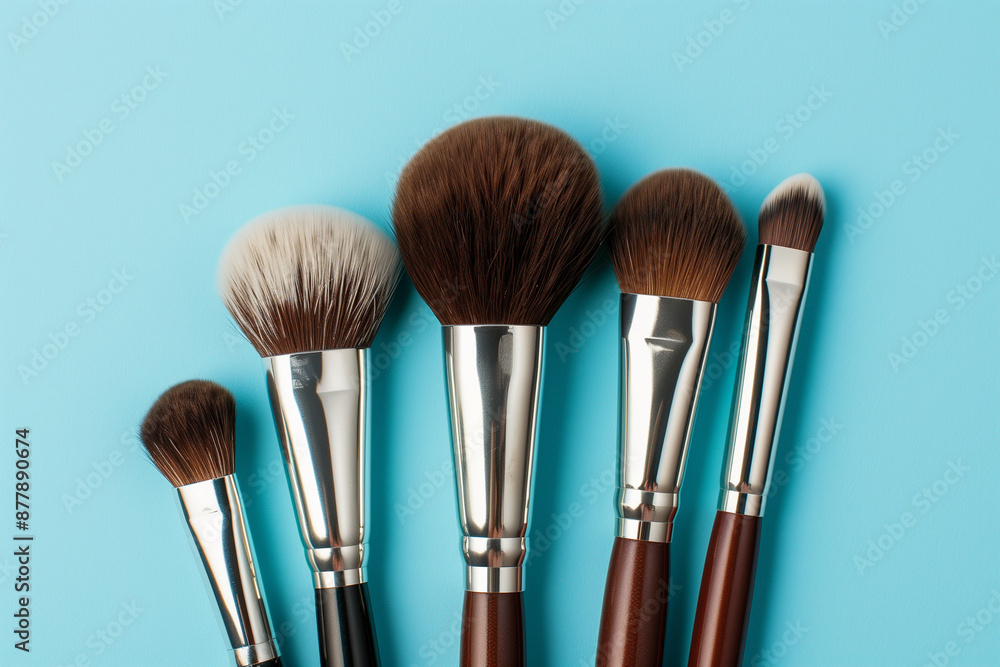 Poster row of makeup brushes are displayed on a blue background. the brushes are of different sizes and col