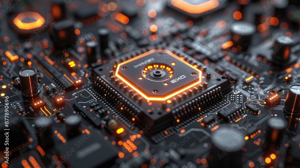 Poster the image shows a close-up of a computer chip with glowing orange and yellow lights.