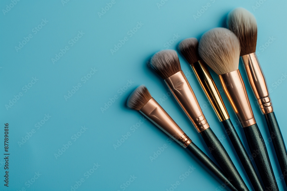 Poster row of makeup brushes are displayed on a blue background. the brushes are of different sizes and col