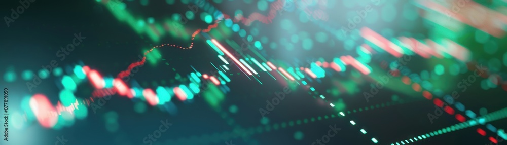 Poster abstract digital financial chart background with green and red light representing stock market trend