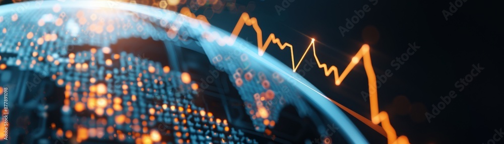 Poster abstract digital globe with glowing data points and rising arrow graph, symbolizing global business 