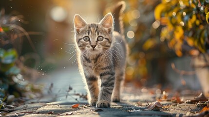 Cute Kitten Walking on a Path in the Sunlight. Adorable Tabby Cat.